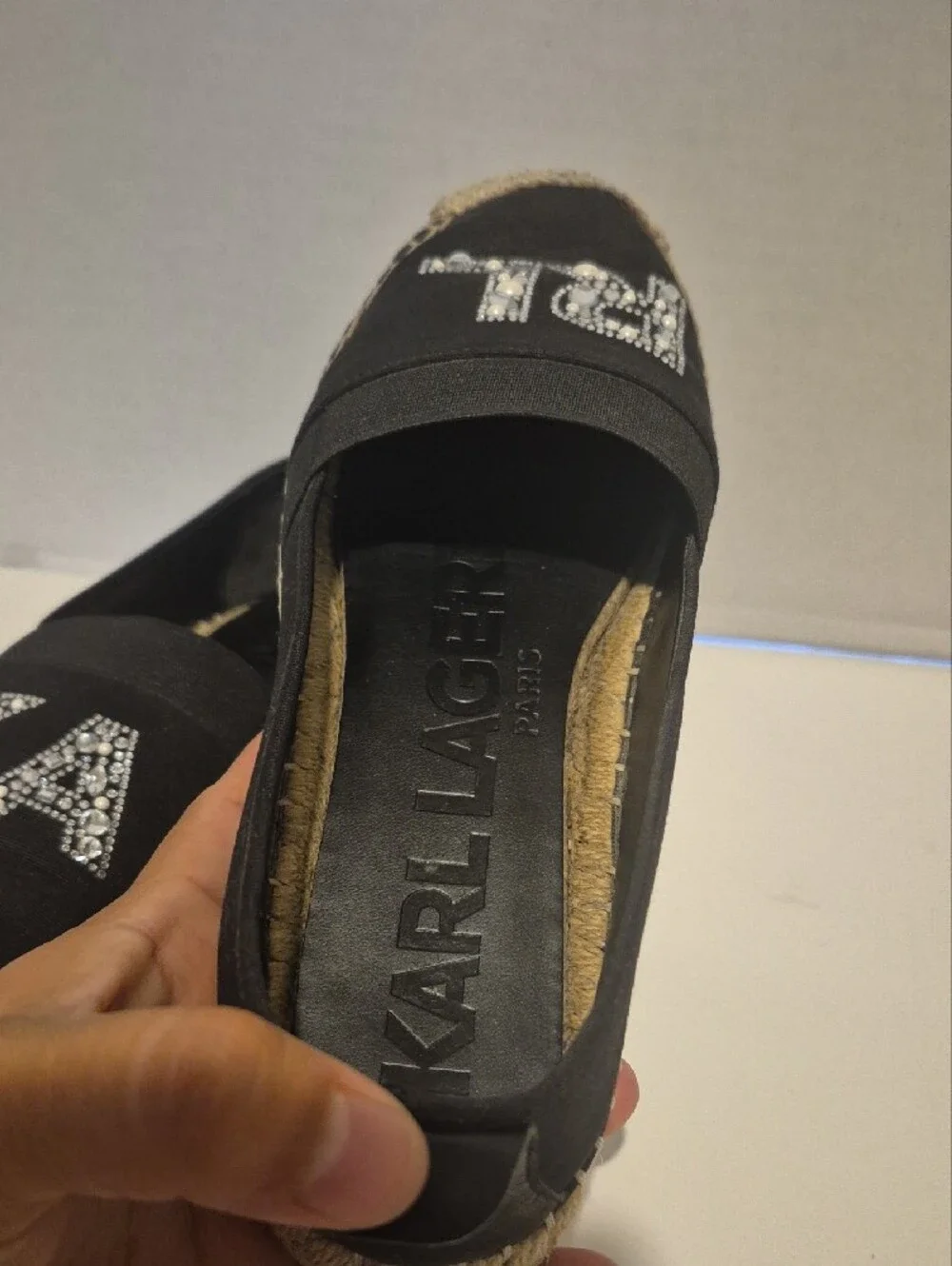 Karl Lagerfeld Black Espadrille Slip-On Flats with Crystal Logo
